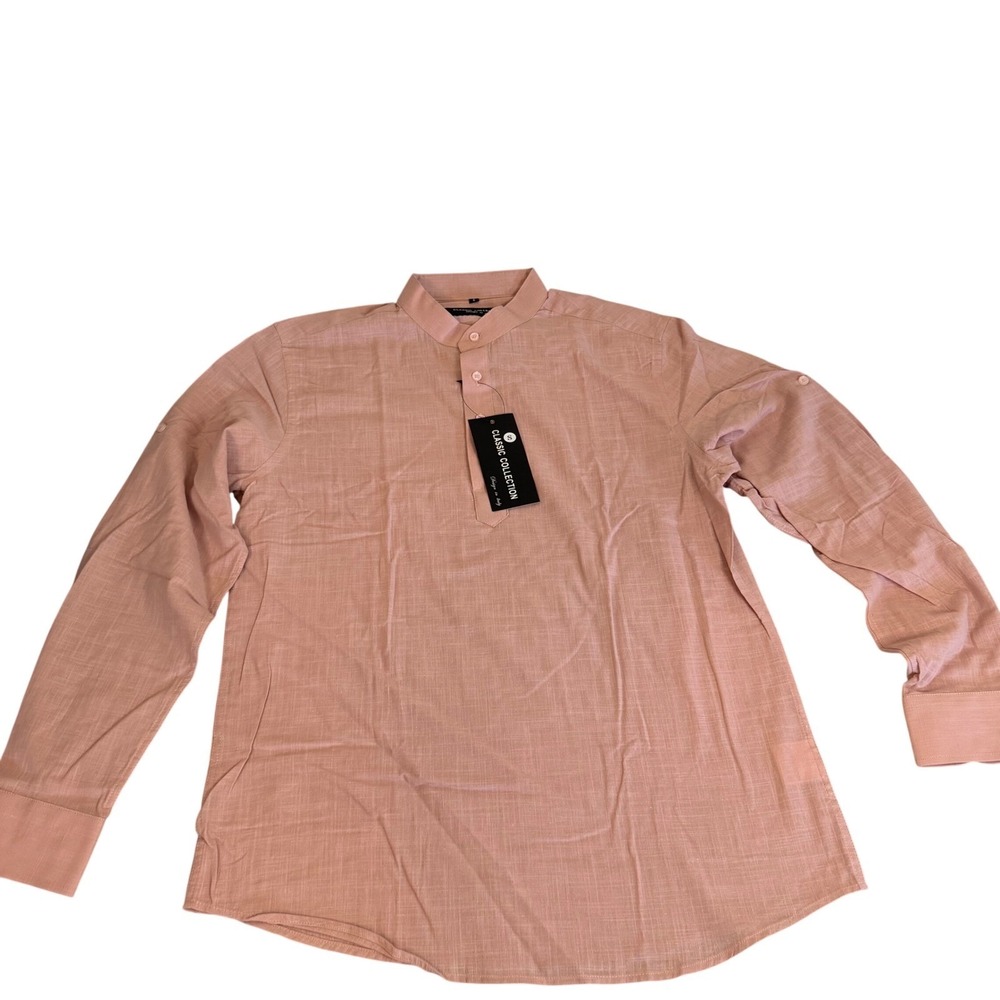 Classic Collection Women Pink Linen Look Mandarin Collar Roll Tab Tunic Shirt S